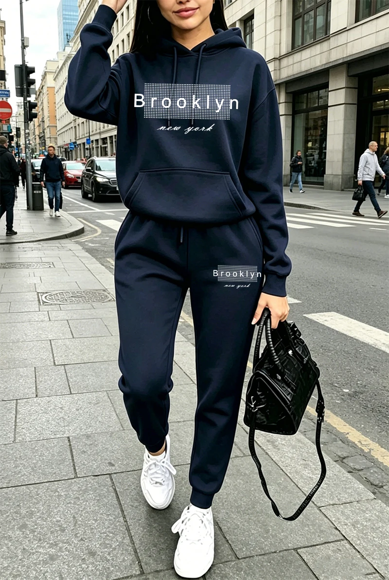 Outdoor Sportswear - Kadın Eşofman Takımı Baskılı Günlük Kapüşonlu